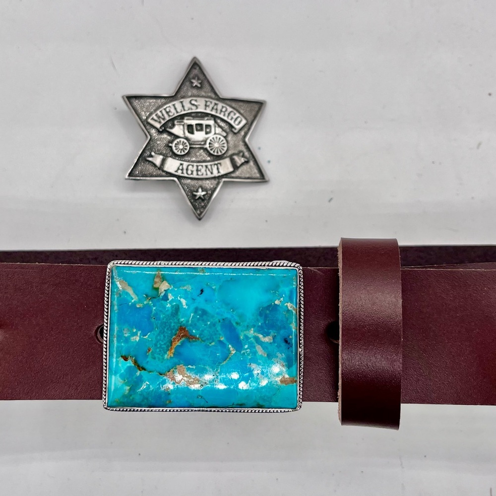 Brown Leather Belt with Turquoise " Arizona heritage " Buckle